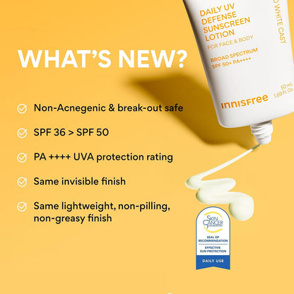 HOTinnisfree Daily UV Defense SPF 50+ PA++++ Korean Face & Body Sunscreen, Broad Spectrum, Invisible Finish, No White Cast, Lightweight, Hydrating
