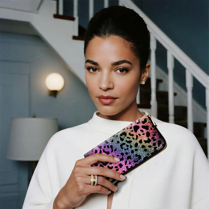 HOTRFID-Blocking Zip Around Wallets for Women with Detachable Wrist Strap, Large Capacity Credit Card Holder for Secure Everyday Use,Rainbow Glitter Leopard Print