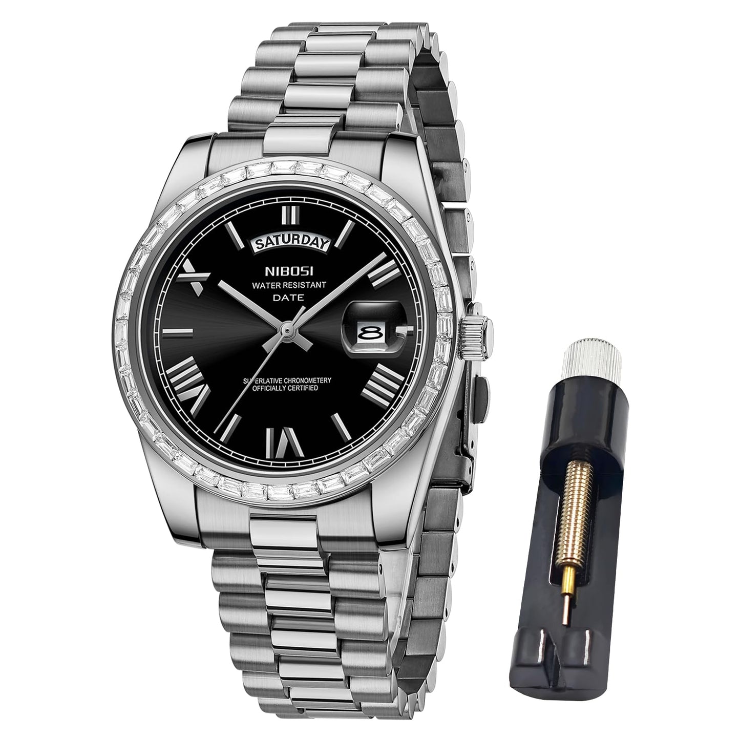 HOTNIBOSI Men's Watches Analog Quartz Diamond Bezel Stainless Steel Dial Rose Gold Silver Watches for Men Waterproof Business Classic Dress Wrist Watch with Day Date