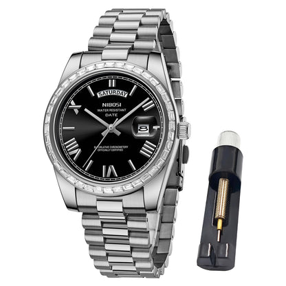 HOTNIBOSI Men's Watches Analog Quartz Diamond Bezel Stainless Steel Dial Rose Gold Silver Watches for Men Waterproof Business Classic Dress Wrist Watch with Day Date