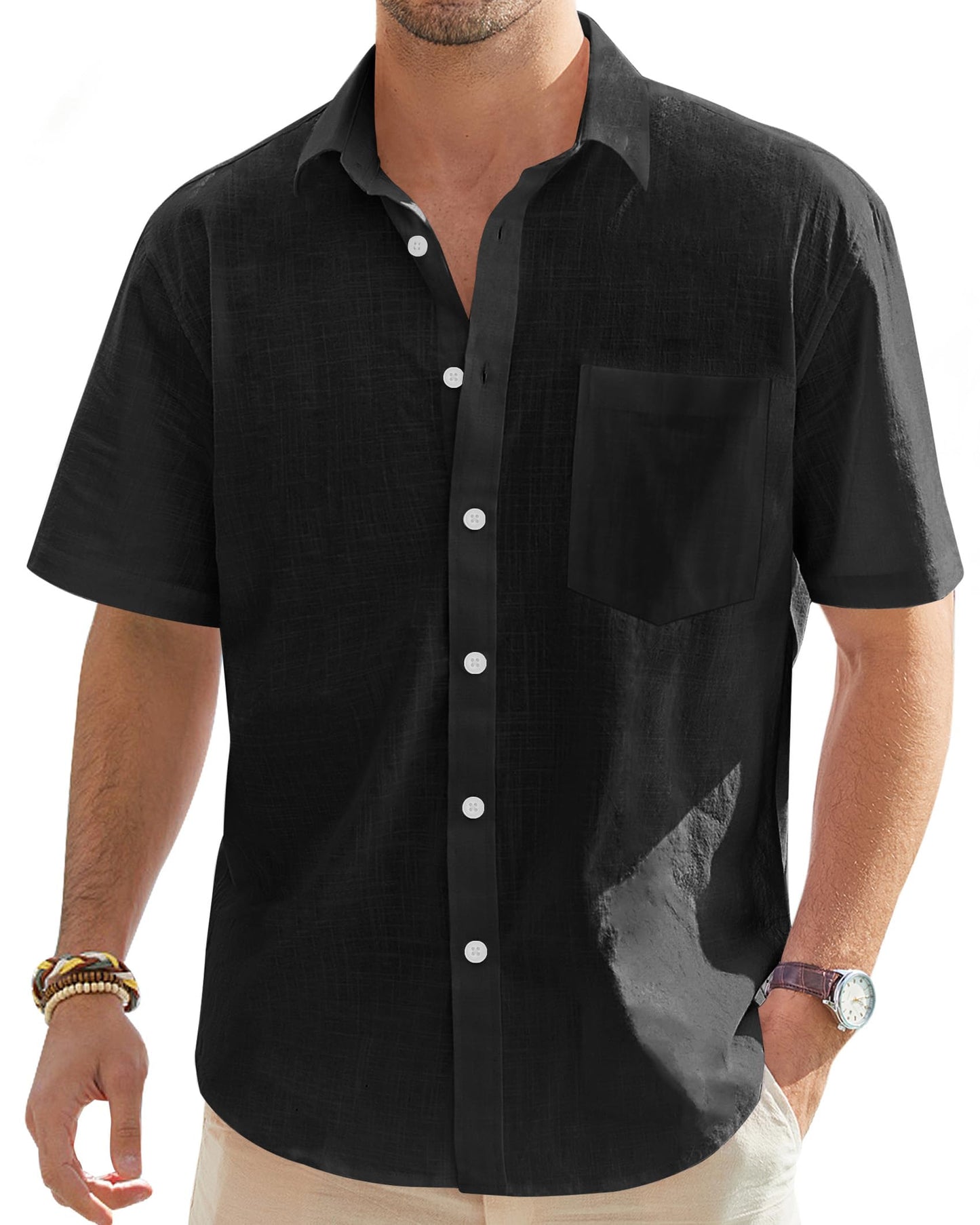HOTJ.VER Mens Linen Shirt Short Sleeve Button Down Casual Summer Shirts | Cotton Linen, Untucked, Big Tall, from Beach Camp Vacation, Cruise Fishing, Work Office, to Wedding Party Family, with Pocket