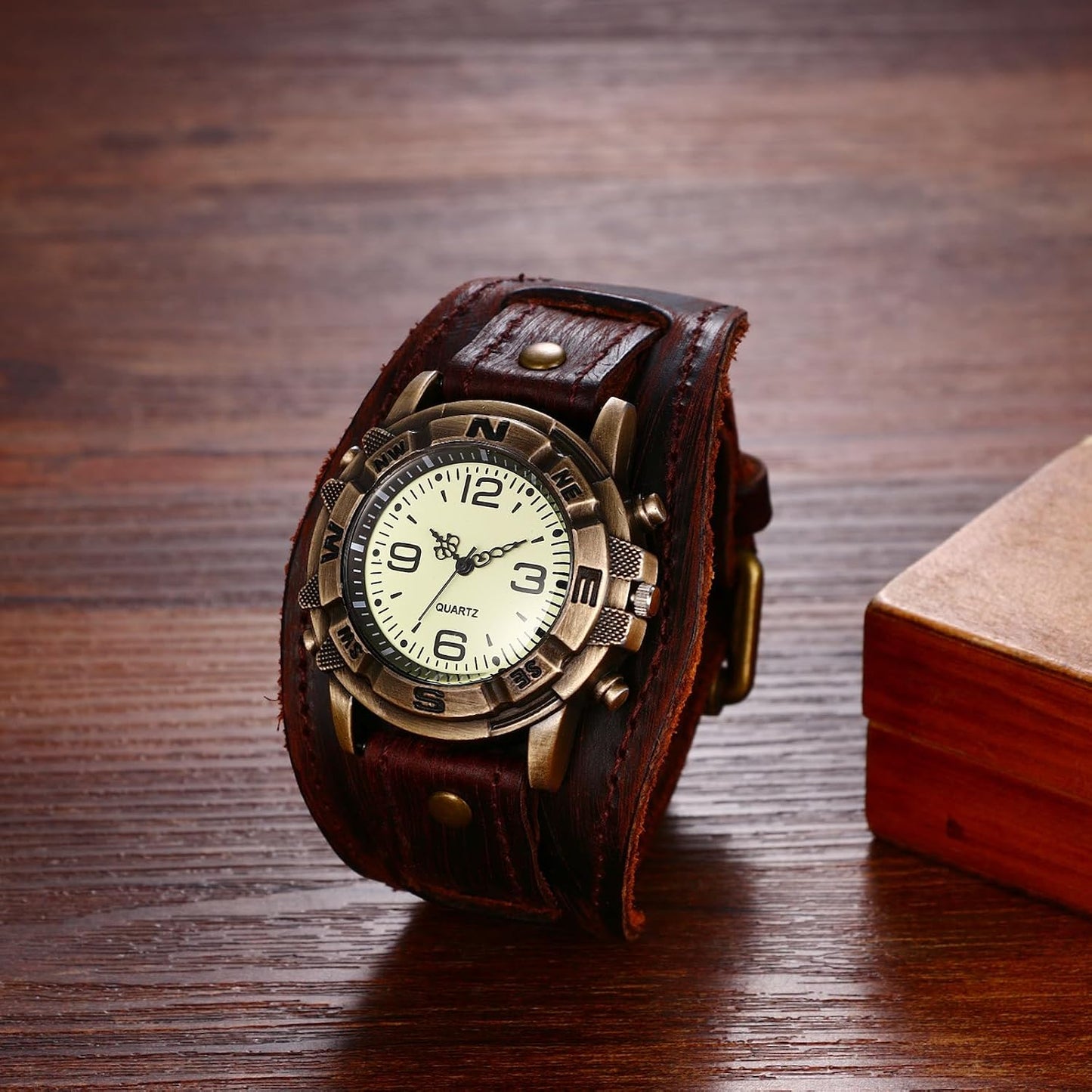 HOTAvaner Men's Vintage Leather Watches: Retro Punk Wide Band Cuff Steampunk Analog Quartz Wrist Watch