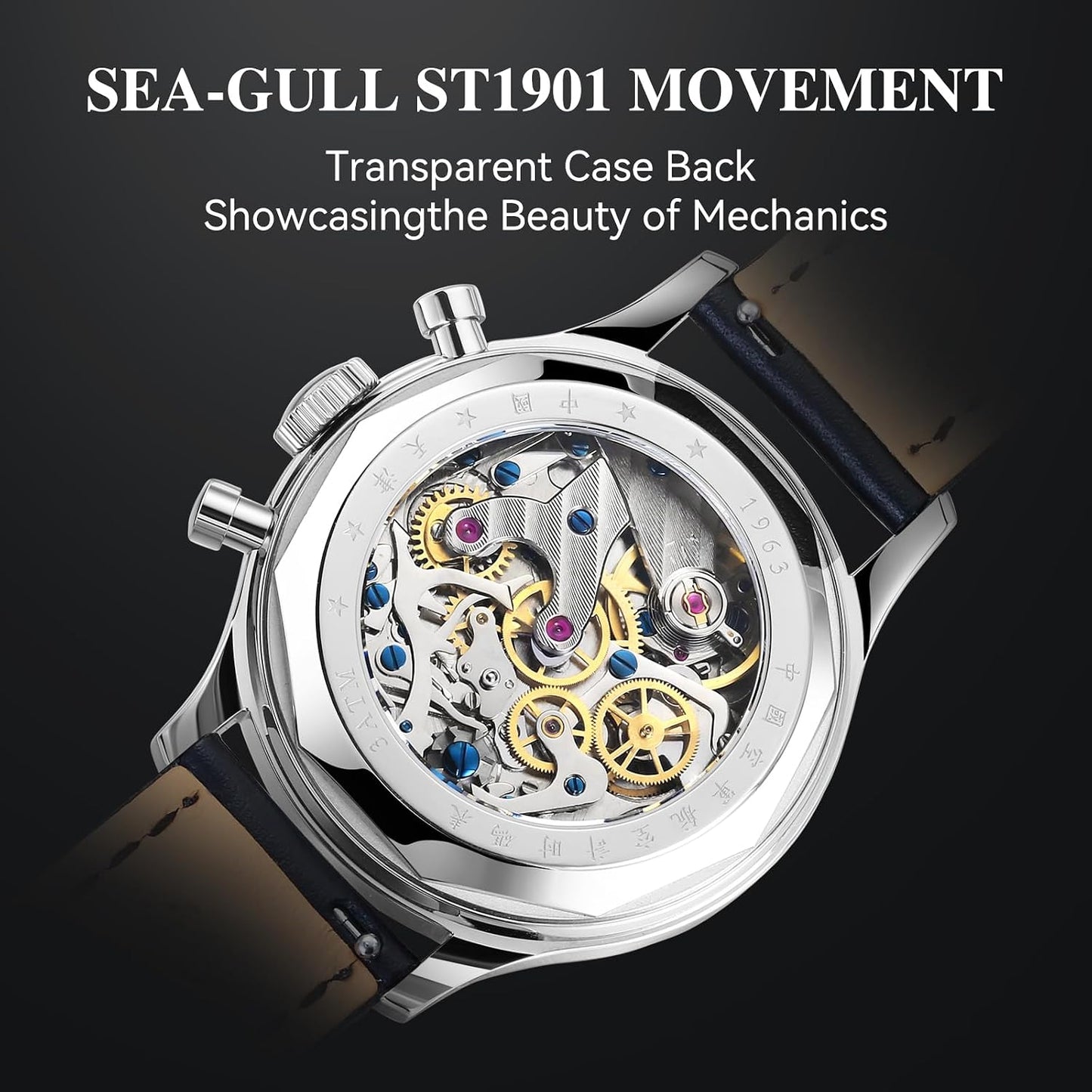 HOTSEA-GULL Men's Mechanical Wristwatch, Seagull 1963 Aviation Chronograph Pilot Mechanical Watch, Manual Winding, GD 1963 International Edition, ST1901