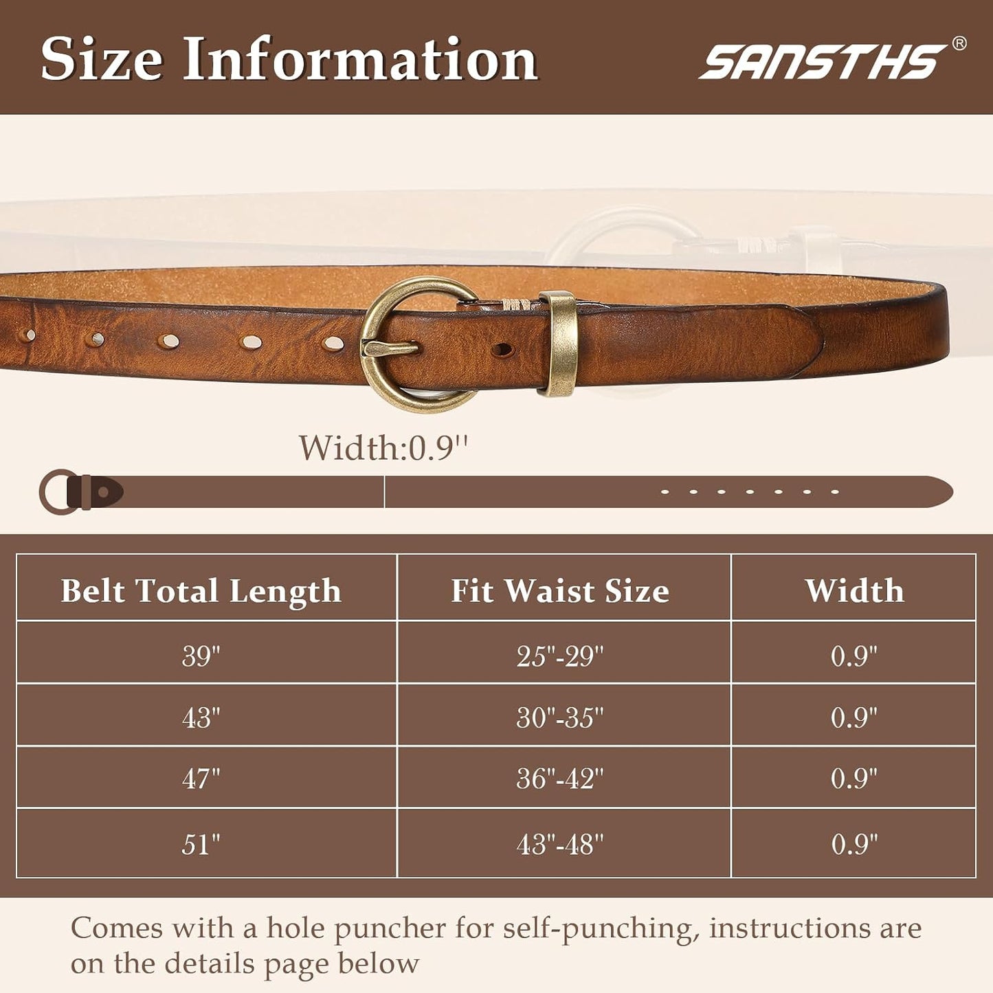HOTSANSTHS Womens Genuine Leather Belts for Jeans Pants Trendy Vintage Thin Leather Belt Gold Buckle Ladies Skinny Waist Belt