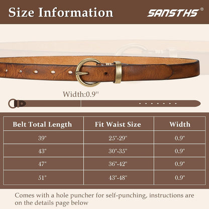 HOTSANSTHS Womens Genuine Leather Belts for Jeans Pants Trendy Vintage Thin Leather Belt Gold Buckle Ladies Skinny Waist Belt