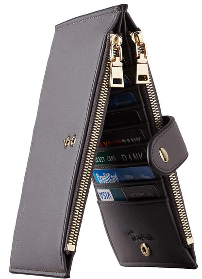 HOTTravelambo Womens Leather Bifold Wallet, Slim RFID Blocking Card Holder | Large Capacity, 16 Card Slots & ID Window, 2 Zipper Pockets, Dual Snap Closure, Slim Lightweight, RFID Privacy Protection