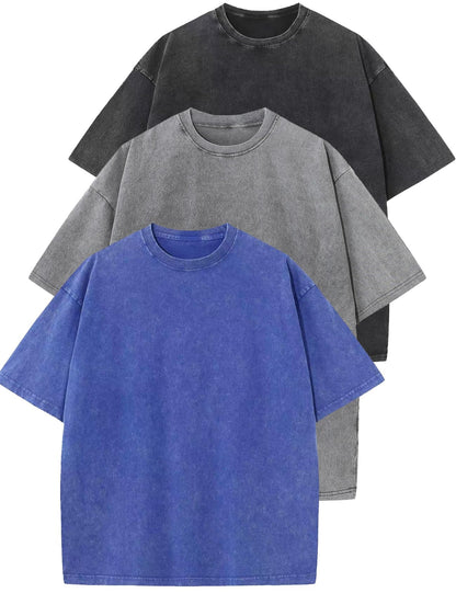 HOTFlygo 3 Pack Men Oversized T Shirts Acid Washed Unisex Tee Loose Fit Short Sleeve Casual Streetwear Baggy Basic Tops