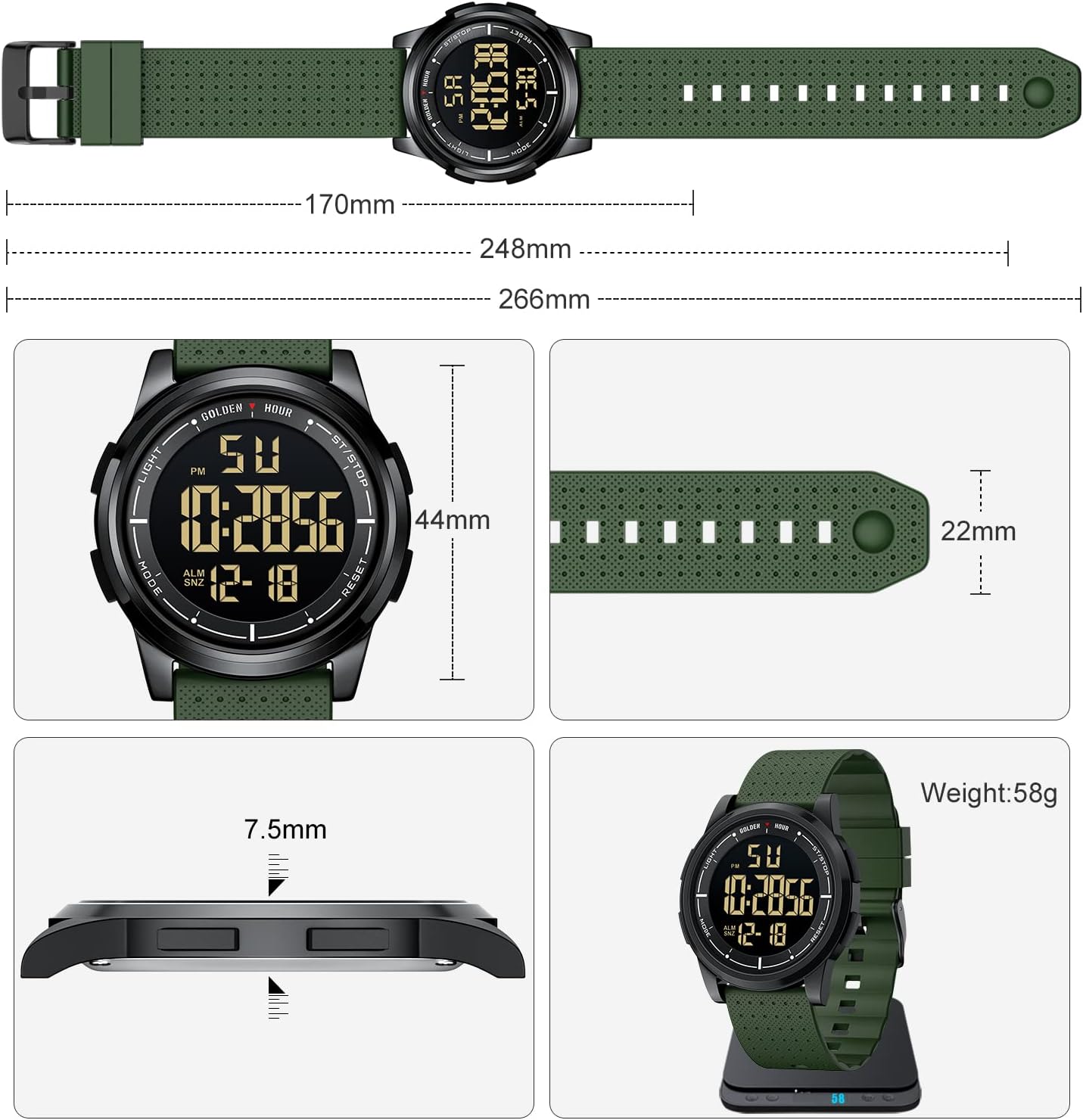 HOTGOLDEN HOUR Ultra-Thin Minimalist Sports Waterproof Digital Watches Men with Wide-Angle Display Rubber Strap Wrist Watch for Men Women