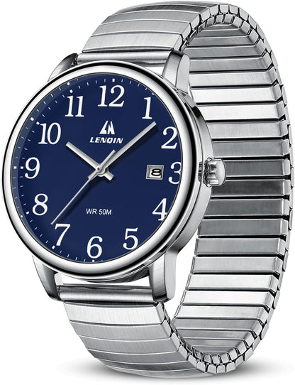 HOTLN LENQIN Mens Watches Easy Read Analog Quartz Waterproof Watch for Men | Sport watch with Date and 38mm Stainless Steel Expansion Band,3ATM Daily Waterproof, Minimalist Business Style