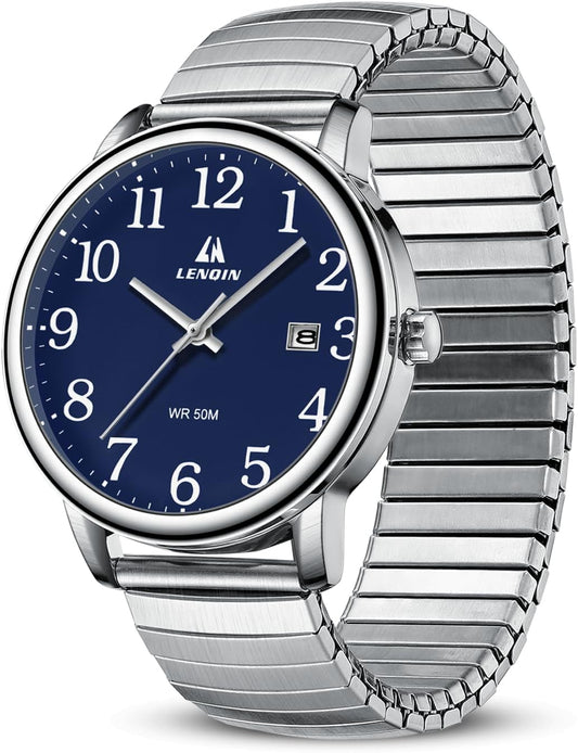 HOTLN LENQIN Mens Watches Easy Read Analog Quartz Waterproof Watch for Men | Sport watch with Date and 38mm Stainless Steel Expansion Band,3ATM Daily Waterproof, Minimalist Business Style