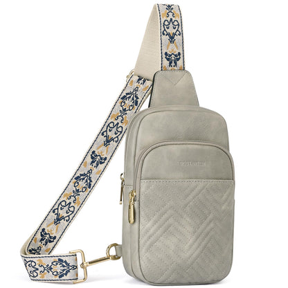 HOTBOSTANTEN Sling Bag Quilted Crossbody Bags for Women Cross Body Purse Leather Fanny Pack with Adjustable Guitar Strap