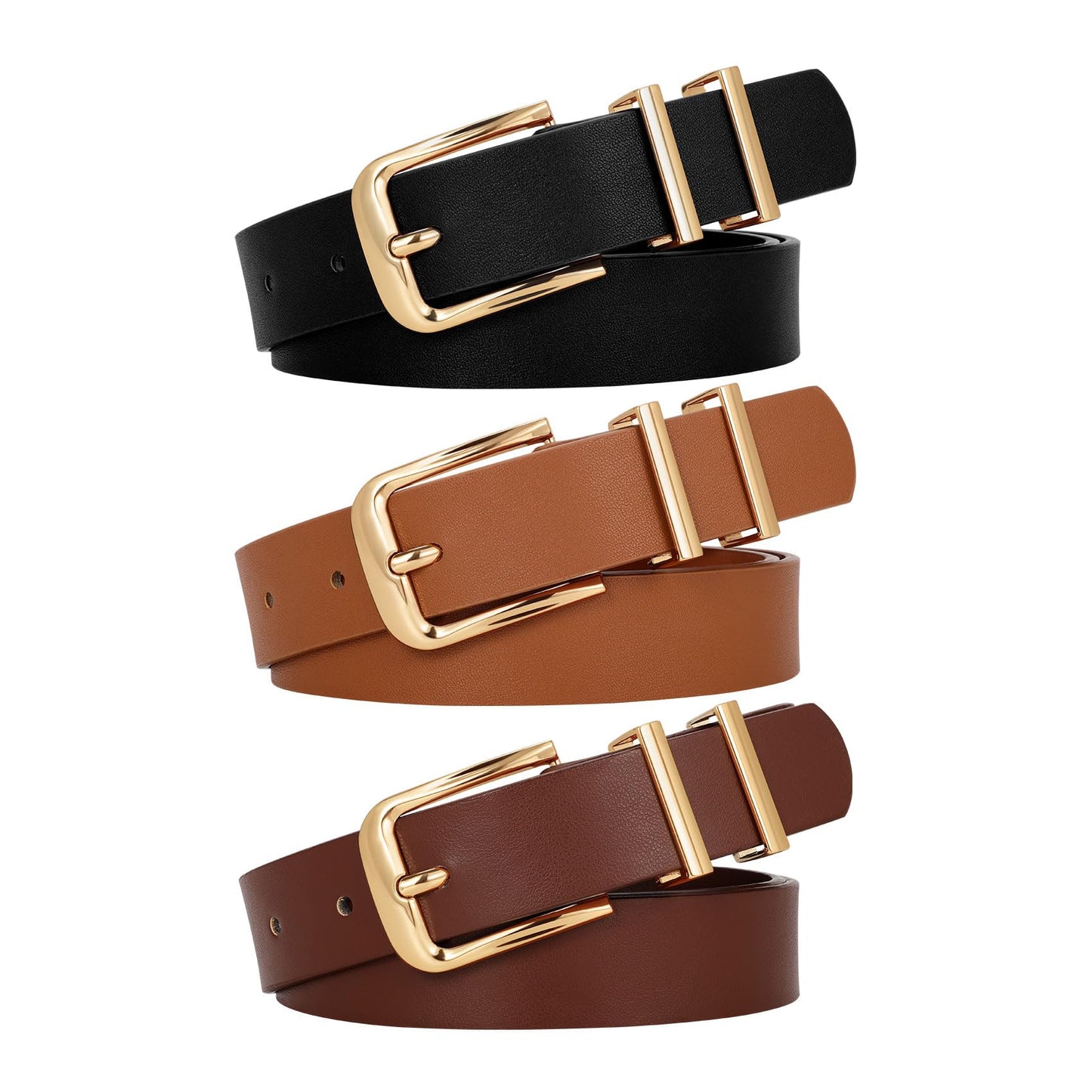 HOTWERFORU 3 PACK Women Belt Women Fashion Leather Belts for Jeans Pants Ladies Belts with Gold Buckle