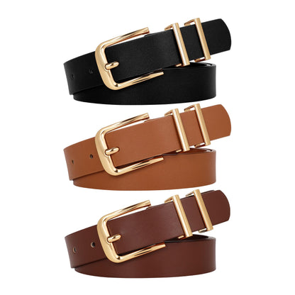 HOTWERFORU 3 PACK Women Belt Women Fashion Leather Belts for Jeans Pants Ladies Belts with Gold Buckle