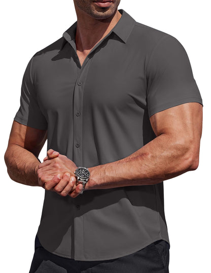 HOTCOOFANDY Mens Muscle Fit Dress Shirts Stretch Wrinkle Free Short Sleeve Button Down Shirt Casual Solid Untucked Shirt