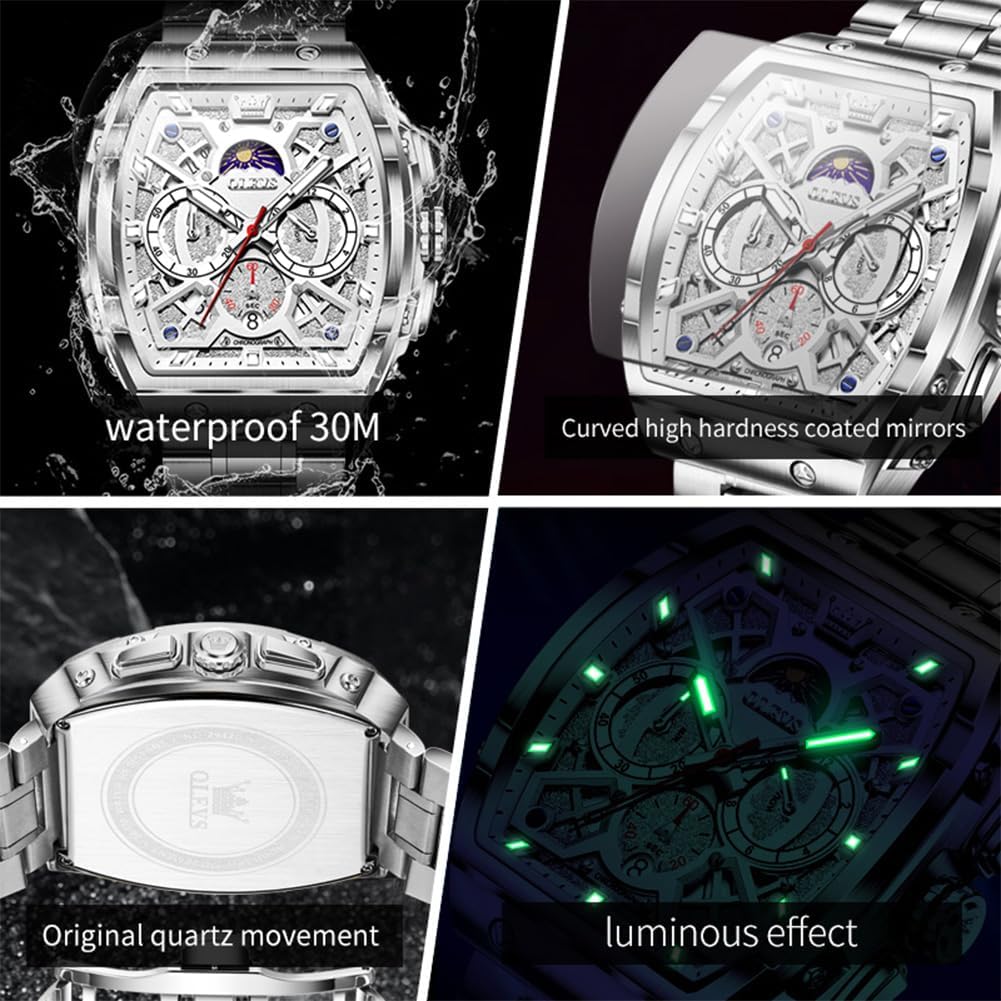 HOTOLEVS Men Watches Business Dress Chronograph Big Square Quartz Analog Male Watch Silicone Strap Waterproof Date Gift Mens Wrsit Watch Silver