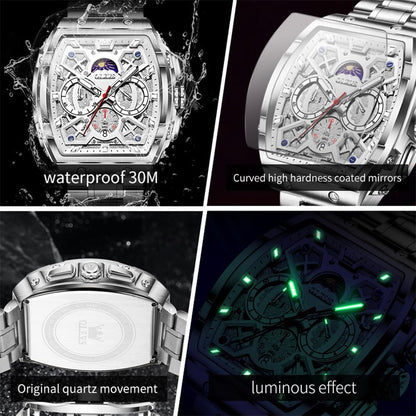 HOTOLEVS Men Watches Business Dress Chronograph Big Square Quartz Analog Male Watch Silicone Strap Waterproof Date Gift Mens Wrsit Watch Silver