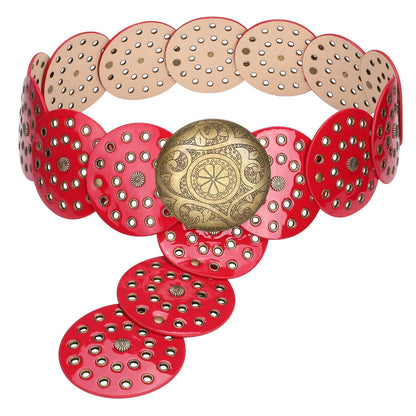 HOTJASGOOD Western Belts for Women Wide Hollow Disc Leather Belt Cowgirl Waist Belt for Jeans Dresses with Metal Buckle