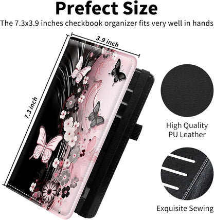 HOTLeather Checkbook Covers for Personal Checkbook Check book Holder Cover Wallets for Women Men,RFID-Blocking Slim Checkbook Cover for Duplicate Checks with Elastic Strap,Flowers Dancing Butterflies