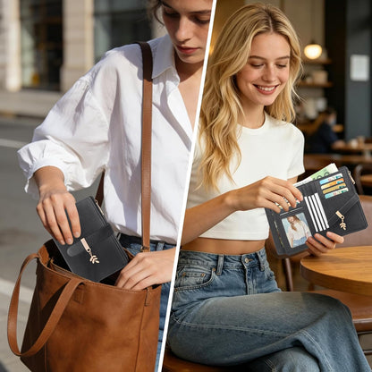 HOTWomen Trifold RFID Blocking Wallet, PU Leather Large Capacity Card Holder Ladies Wallet with Clear ID Window for Daily Travel Black