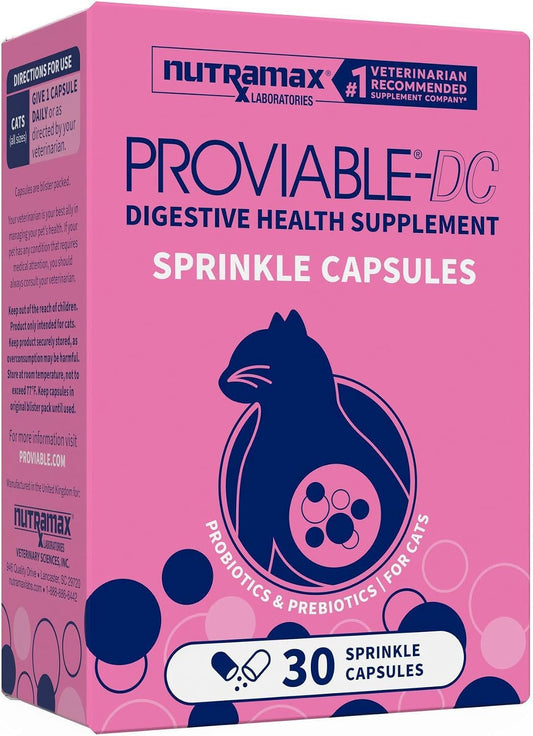 HOTNutramax Proviable Probiotics for Dogs and Cats, Daily Digestive Health Supplement with Multiple Strains of Bacteria, Cat and Dog Probiotics Plus Prebiotics, 30 Capsules