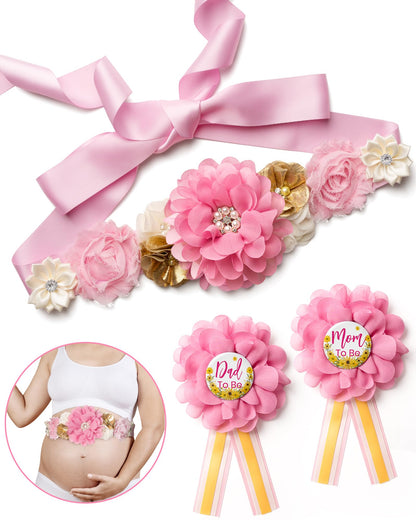 HOTBaby Shower Sash Decorations Mom to Be Corsage Gift Dad to Be Pin 3Pack Set Flower Belt for Maternity Dress - Gender Reveal Pregnancy Photo Props