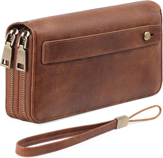 HOTGAEKEAO Wallet for Women Clutch RFID Blocking Wristlet Leather Purse Large Capacity Credit Card Holder with Grip Hand Strap