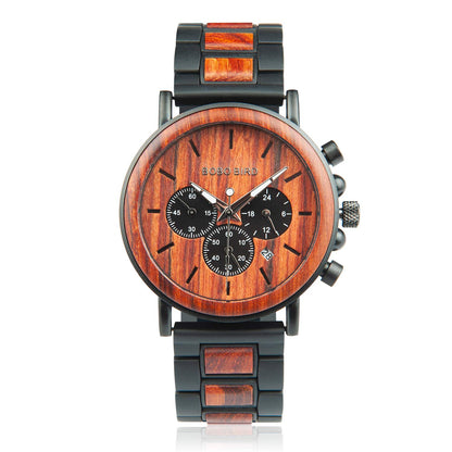 HOTBOBO BIRD Wooden Mens Watches Wood & Stainless Steel Combined Chronograph Military Quartz Casual Wristwatches