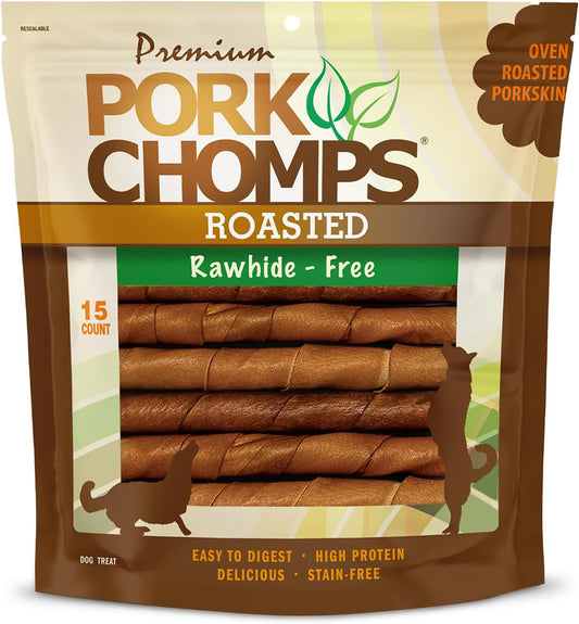 HOTPork Chomps Roasted Pork Skin Dog Chews, 6 Inch Twists, 15 Count - Long-Lasting Treats for Dogs - High Protein, Rawhide-Free, Low Fat, Healthy & Delicious Chews