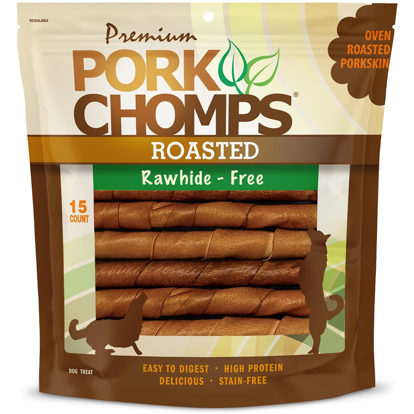 HOTPork Chomps Roasted Pork Skin Dog Chews, 6 Inch Twists, 15 Count - Long-Lasting Treats for Dogs - High Protein, Rawhide-Free, Low Fat, Healthy & Delicious Chews