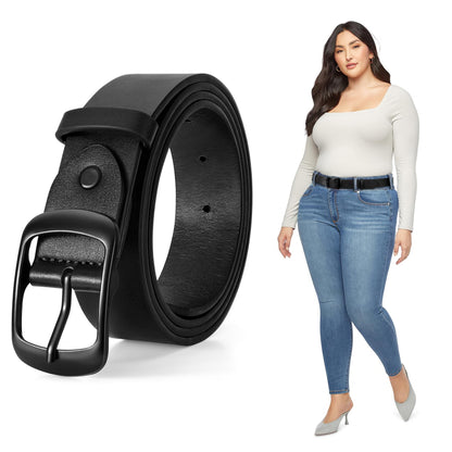 HOTJASGOOD Plus Size Women Leather Belt Black Casual Waist Belt for Jeans Pants with Metal Pin Buckle