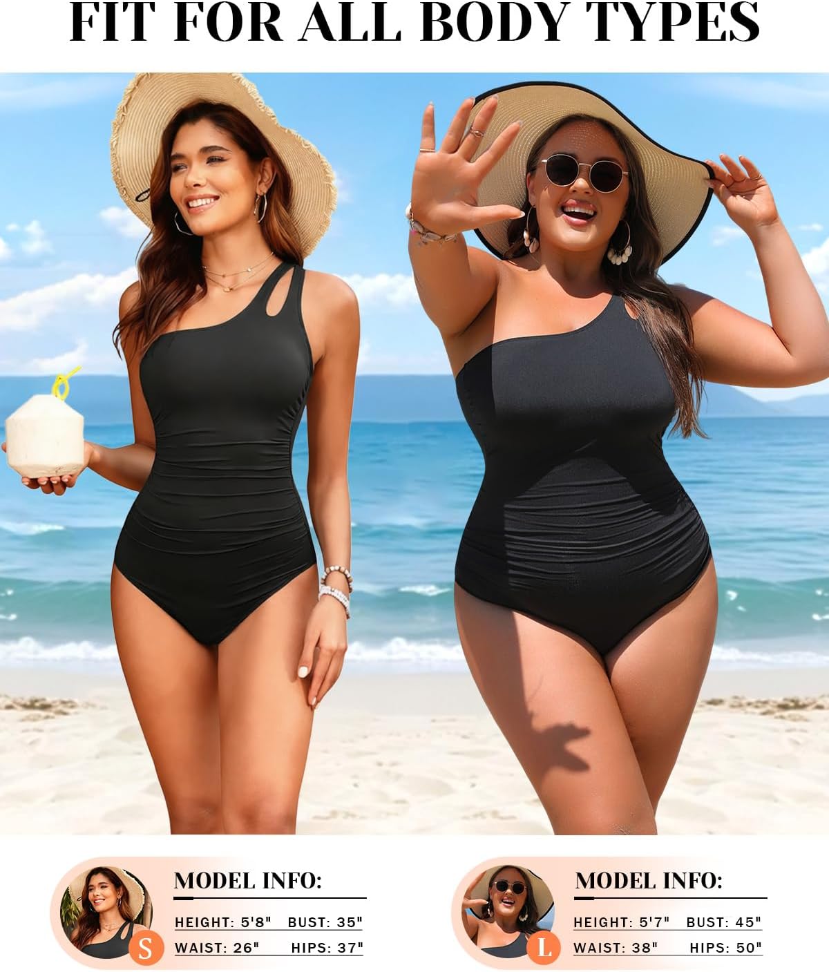 HOTWomen's One Shoulder One Piece Tummy Control Swimsuit Full Coverage | Keyhole Design, Full Coverage Fit, Modest Style, Ruched Waist, Adjustable Shoulder Strap, Removable Soft Cups