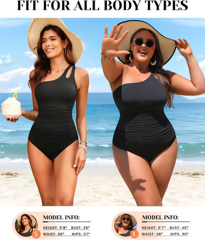 HOTWomen's One Shoulder One Piece Tummy Control Swimsuit Full Coverage | Keyhole Design, Full Coverage Fit, Modest Style, Ruched Waist, Adjustable Shoulder Strap, Removable Soft Cups