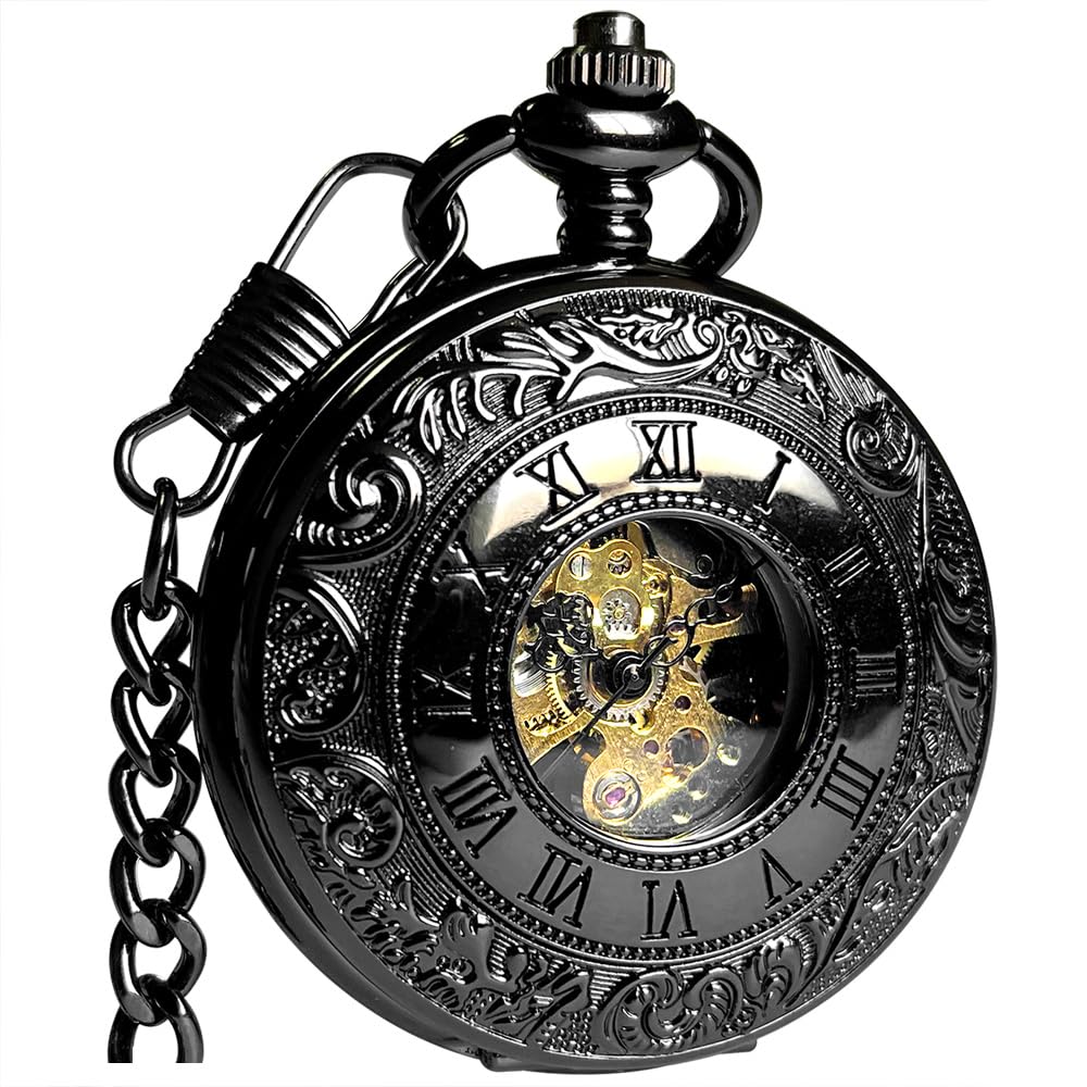 HOTVIGOROSO Mechanical Pocket Watches for Men Skeleton Pocket Watch with Chain | Vintage gold men's pocket watch,Hand wind up mechanical,Roman No. analog pocketwatch,Reloj de bolsillo para hombre,Gift ideal