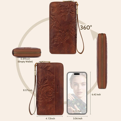 HOTReal Leather Womens Wallet,RFID Blocking Long Wallet For Women Large Capacity Embossed Flowers Wallet Wristlet With Card Holder Zip Coin Pocket(embossed brown)