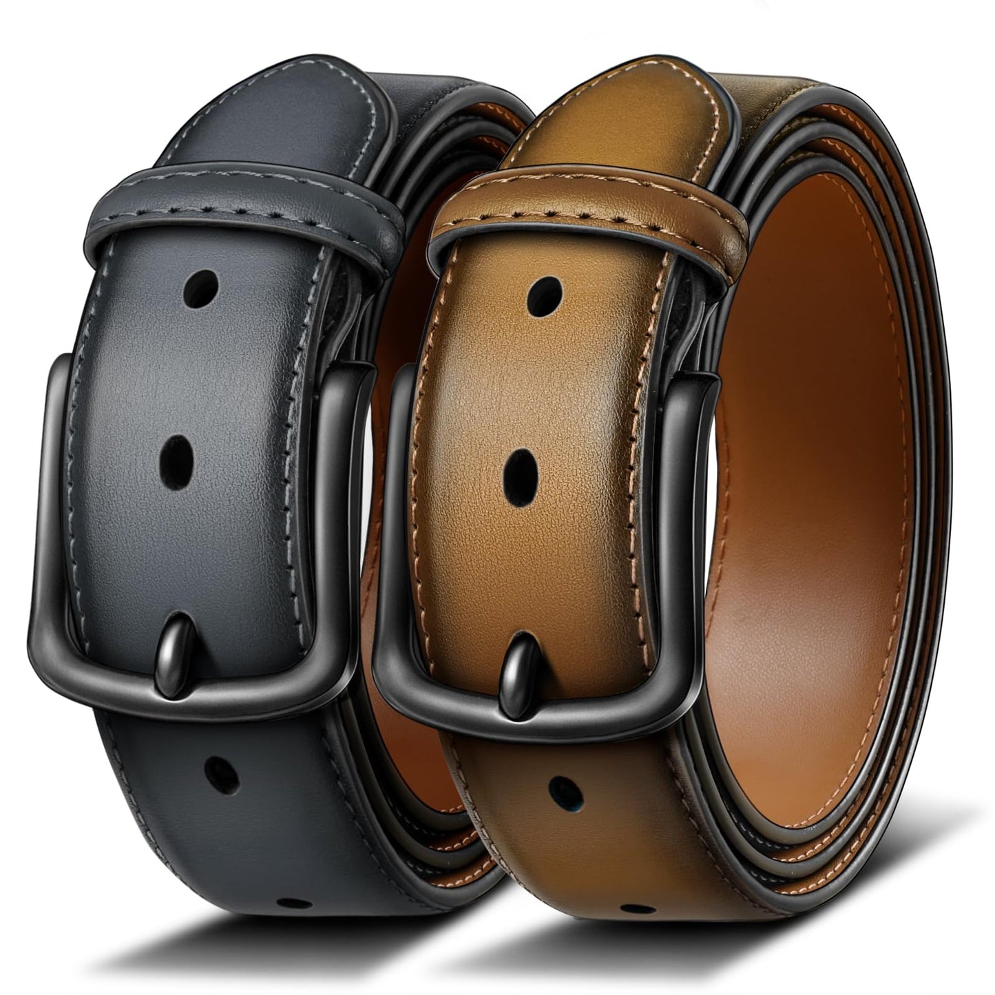 HOTBULLIANT 2-Pack Leather Belt for Men 1 3/8"-7 Eyelets-Gift Boxed | 7 Grommets Adjustable Range | Versatile for Golf Dress Casual Jeans