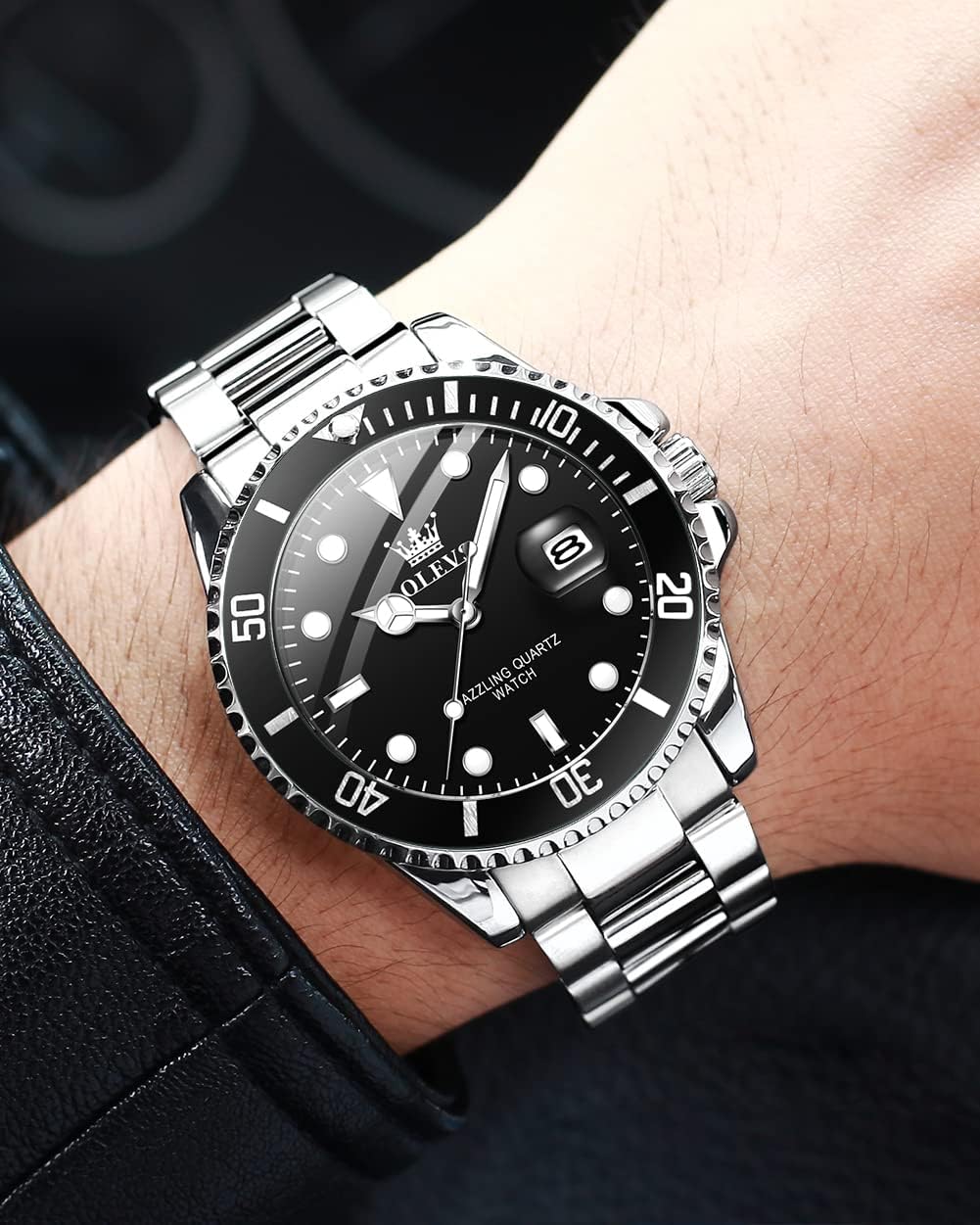 HOTOLEVS Men's Watches with Date, Premium Gold and Silver Stainless Steel Analog Watches for Men, Classic Rotatable Bezel Men's Cuff Watches, Blue/Green/Black Dial