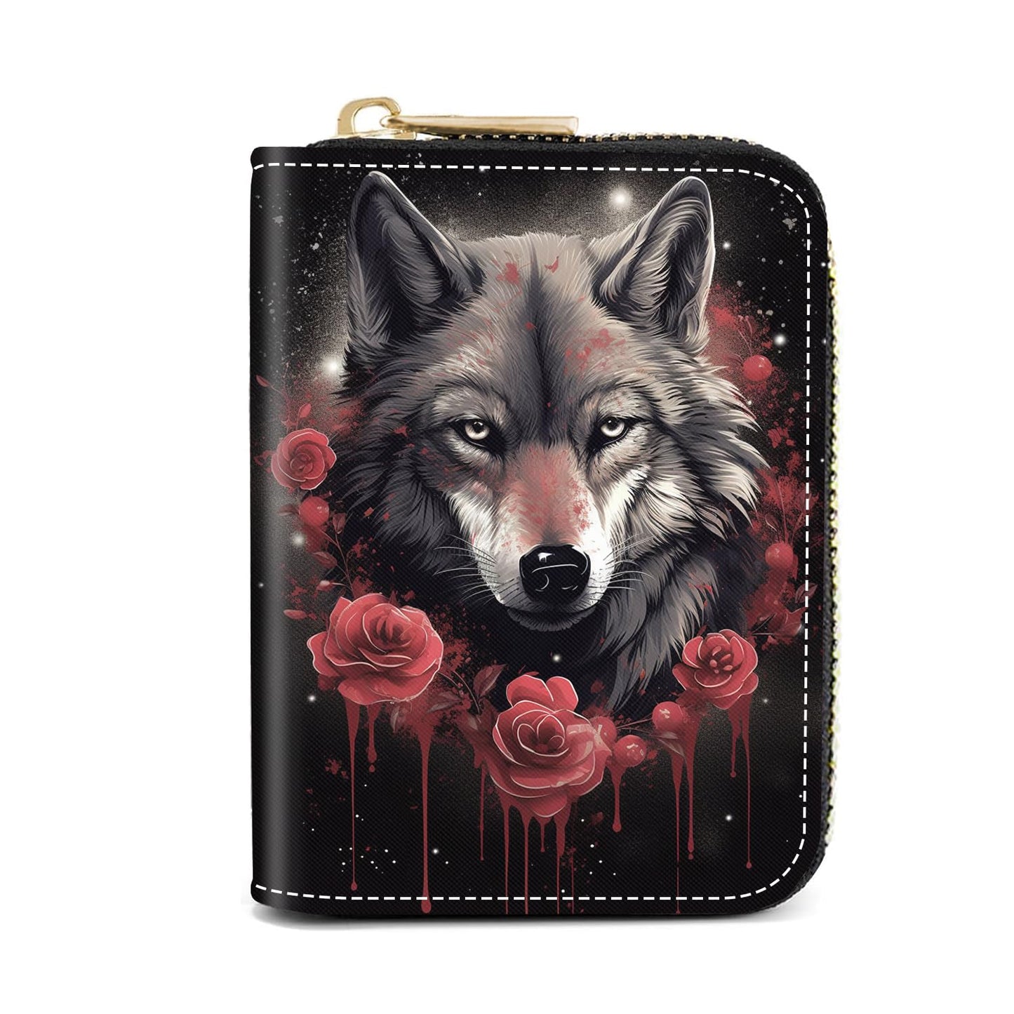 HOTCredit Card Holder Wallets for Women, Slim Leather Card Holder Wallet, Credit Card Wallet Organizer, Pocket Business Card Case with Zipper, Elephants and Flowers Under the Moon
