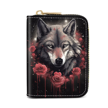 HOTCredit Card Holder Wallets for Women, Slim Leather Card Holder Wallet, Credit Card Wallet Organizer, Pocket Business Card Case with Zipper, Elephants and Flowers Under the Moon