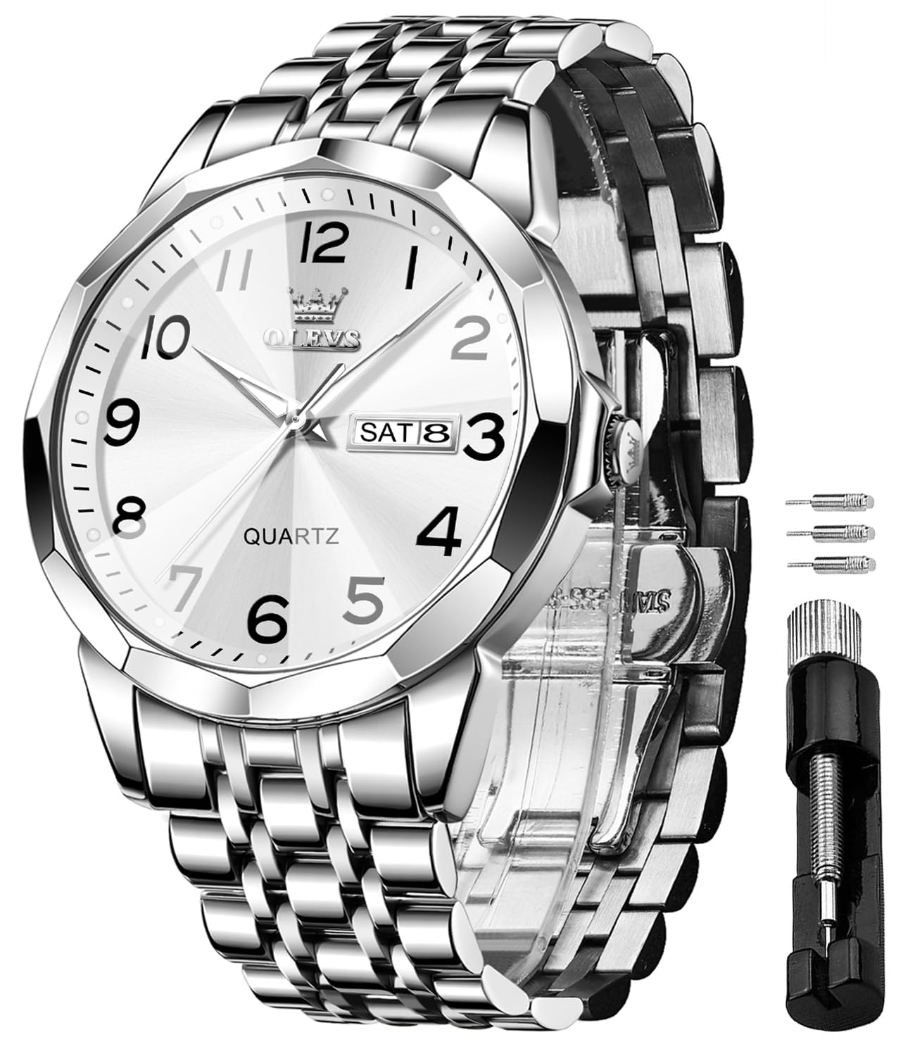 HOTOLEVS Watch for Men Luxury Dress Analog Quartz Stainless Steel Waterproof Luminous Date Diamond Business Two Tone Casual Wrist Watch