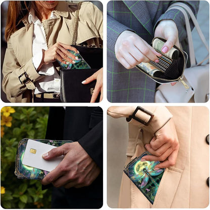 HOTCredit Card Holder for Women Men,RFID Blocking Small Card Case Wallet with Zipper,Leather Pocket Business Card Accordion Wallet-Green Dragonfly