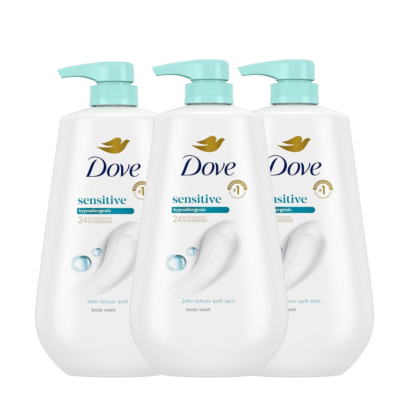 HOTDove Body Wash 3 Count Sensitive Skin For 24hr Lotion-Soft Skin Moisturizing Skin Cleanser Gentle Hypoallergenic Formula with No Sulfates No Parabens