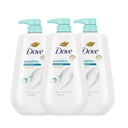 HOTDove Body Wash 3 Count Sensitive Skin For 24hr Lotion-Soft Skin Moisturizing Skin Cleanser Gentle Hypoallergenic Formula with No Sulfates No Parabens