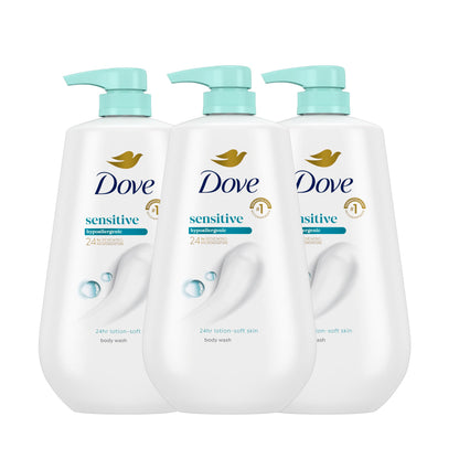HOTDove Body Wash 3 Count Sensitive Skin For 24hr Lotion-Soft Skin Moisturizing Skin Cleanser Gentle Hypoallergenic Formula with No Sulfates No Parabens