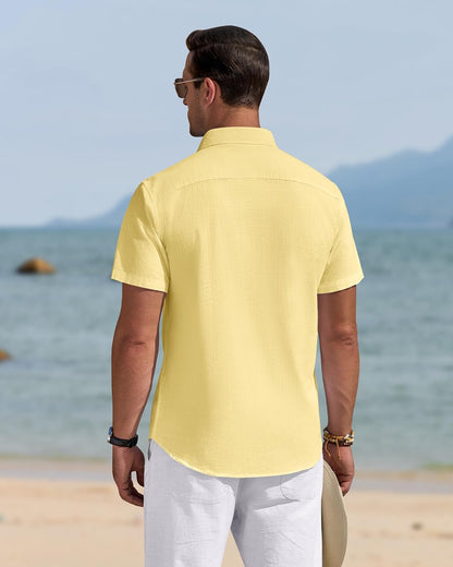 HOTJ.VER Mens Linen Shirt Short Sleeve Button Down Casual Summer Shirts | Cotton Linen, Untucked, Big Tall, from Beach Camp Vacation, Cruise Fishing, Work Office, to Wedding Party Family, with Pocket