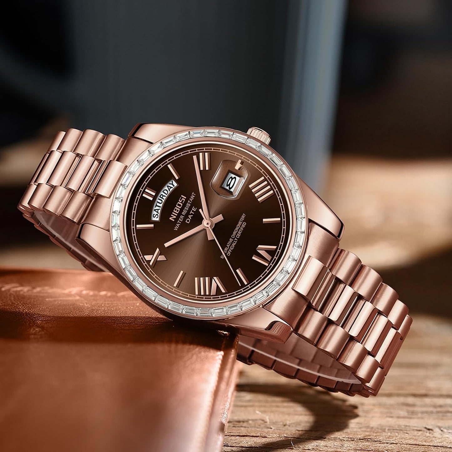 HOTNIBOSI Men's Watches Analog Quartz Diamond Bezel Stainless Steel Dial Rose Gold Silver Watches for Men Waterproof Business Classic Dress Wrist Watch with Day Date