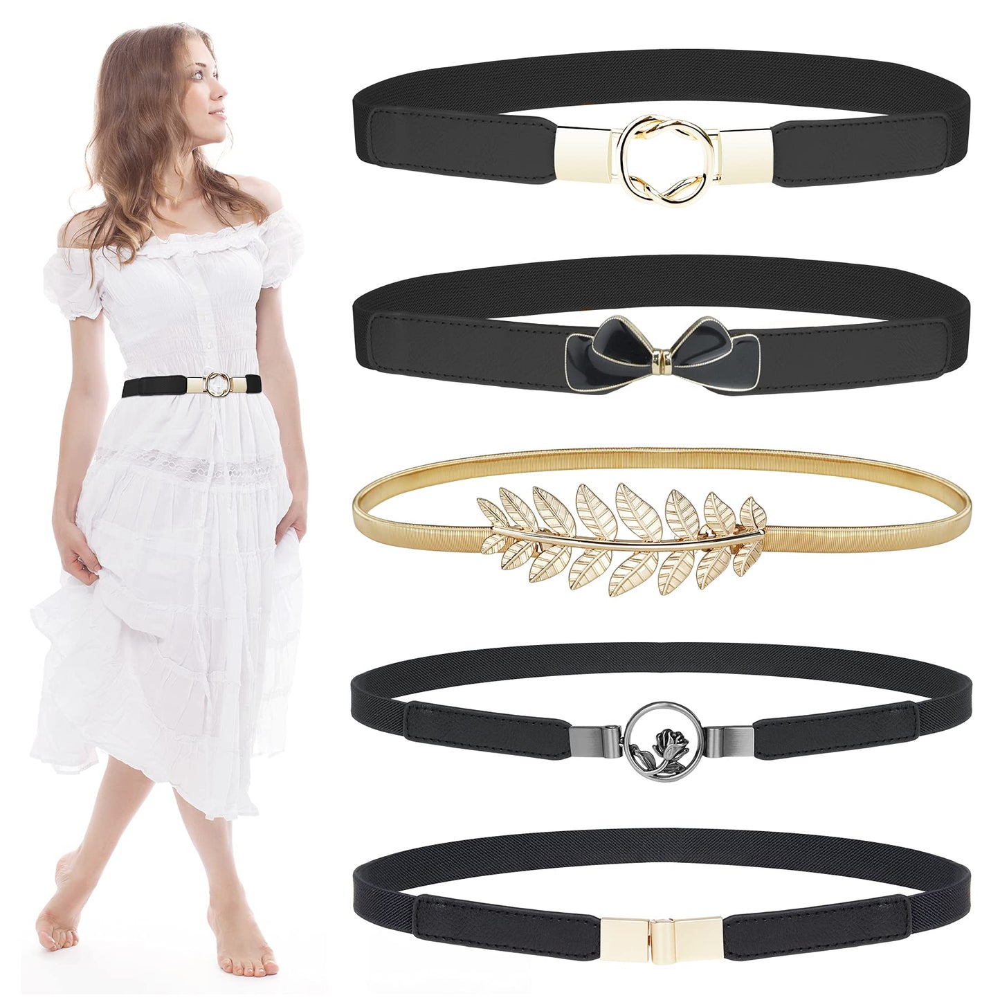 HOTEAONE Skinny Belts for Women 5 Pack, Fashion Dress Belts Stretch Women Waist Belts Plus Size Elastic Waist Band for Dresses