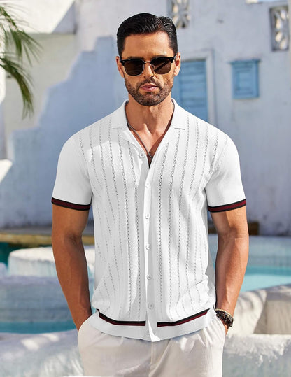 HOTCOOFANDY Men's Short Sleeve Knit Shirt Casual Button Down Shirt Vintage Striped Knitted Golf Beach Tops