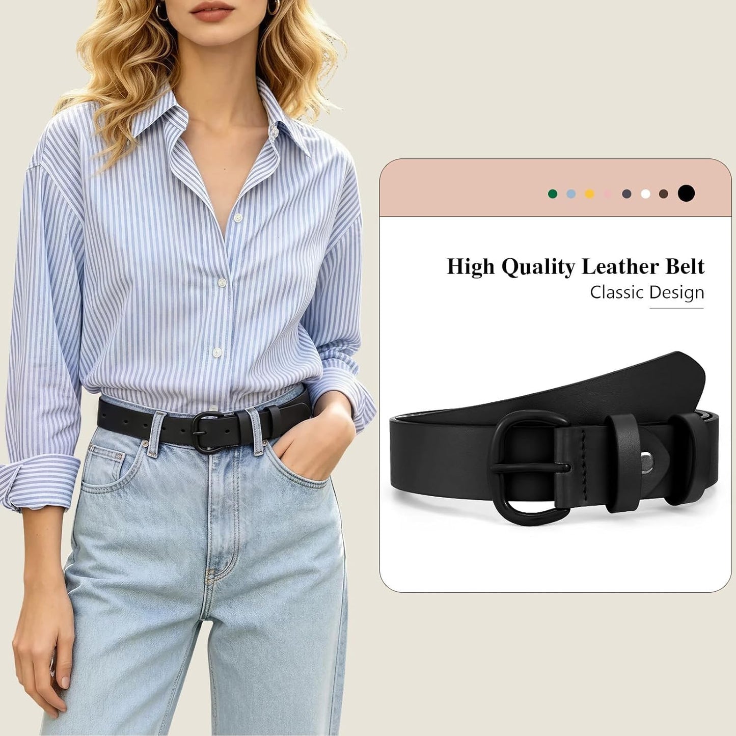 HOTWHIPPY Women Leather Belt for Jeans Pants Dresses Black Ladies Waist Belt with Pin Buckle