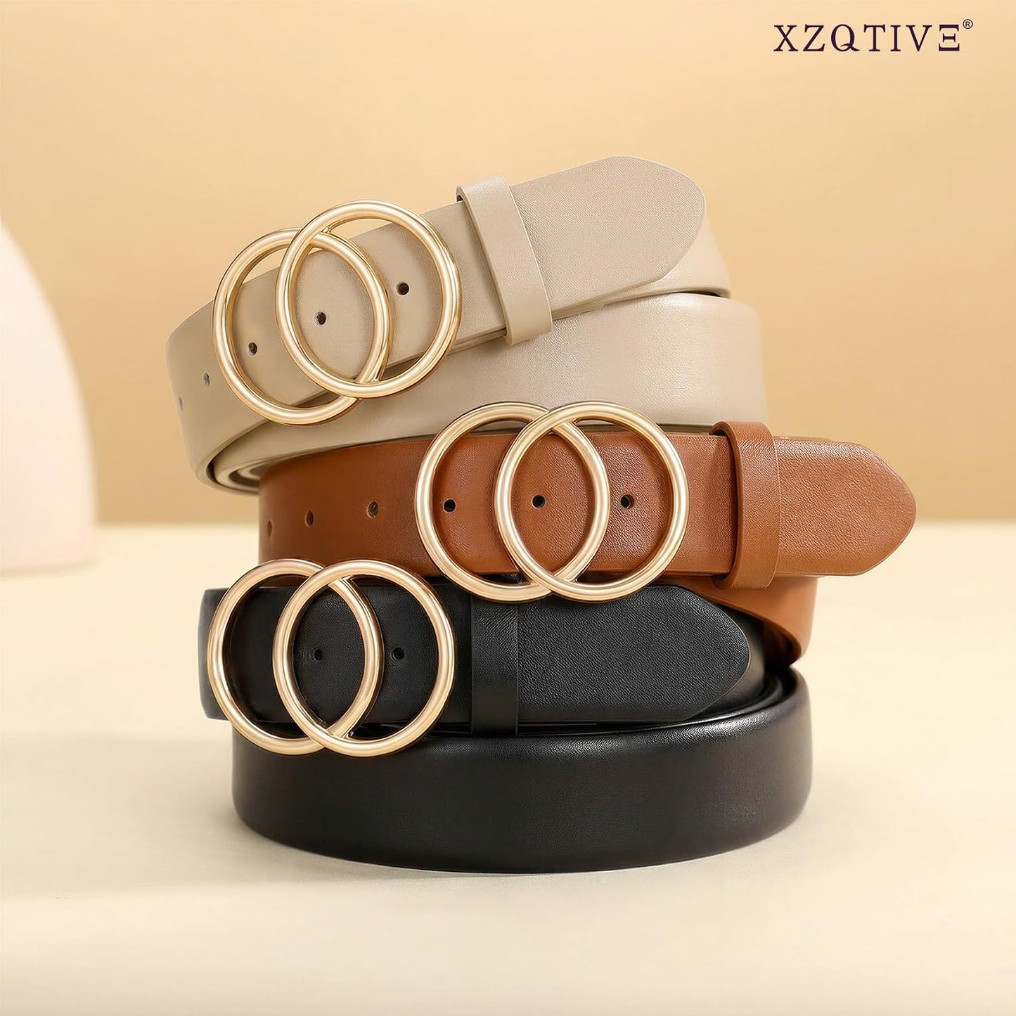 HOTXZQTIVE 3 Packs Women's Leather Belts For Jeans Dresses Pants Fashion Ladies Waist Belt with Double O-Ring Gold Buckle