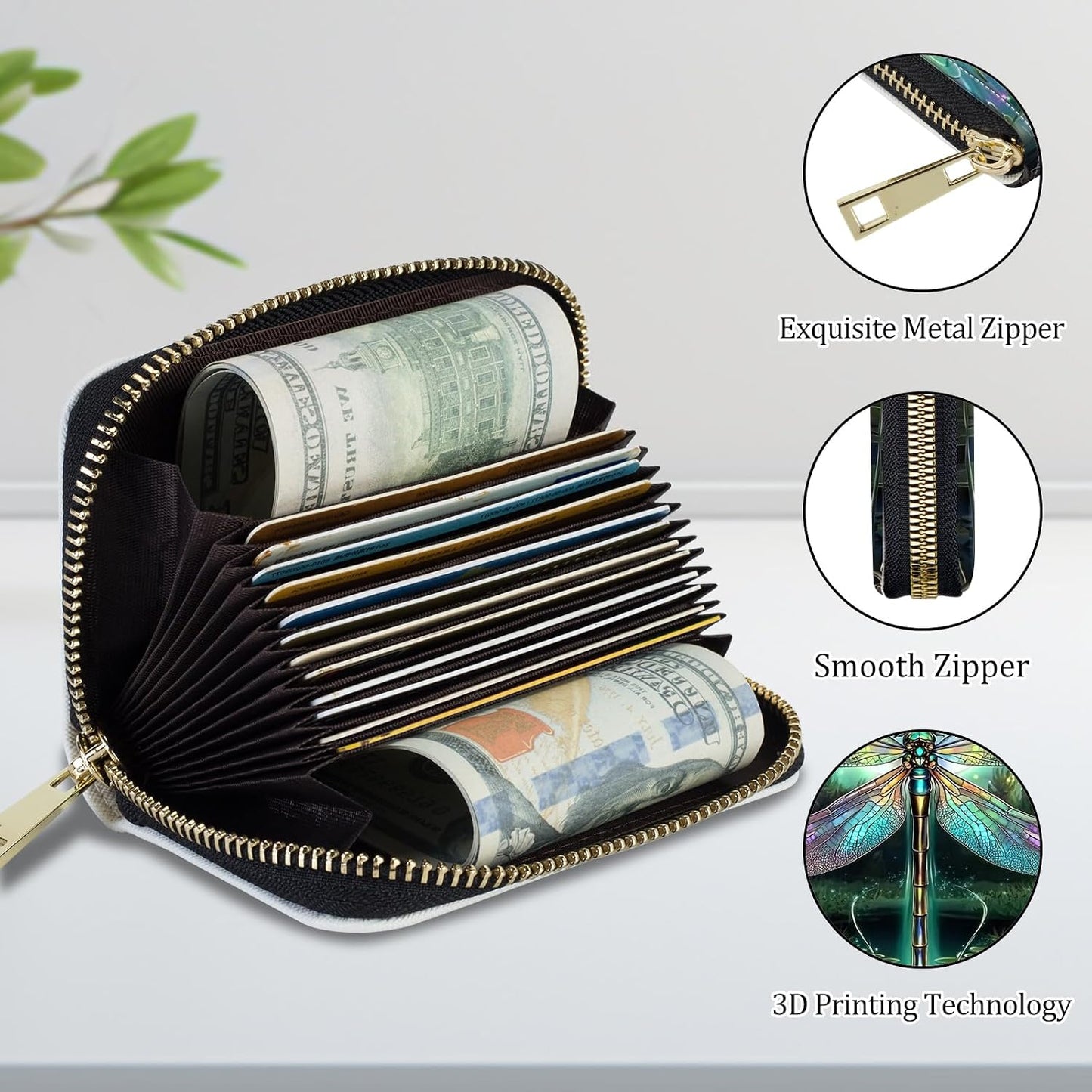 HOTCredit Card Holder for Women Men,RFID Blocking Small Card Case Wallet with Zipper,Leather Pocket Business Card Accordion Wallet-Green Dragonfly